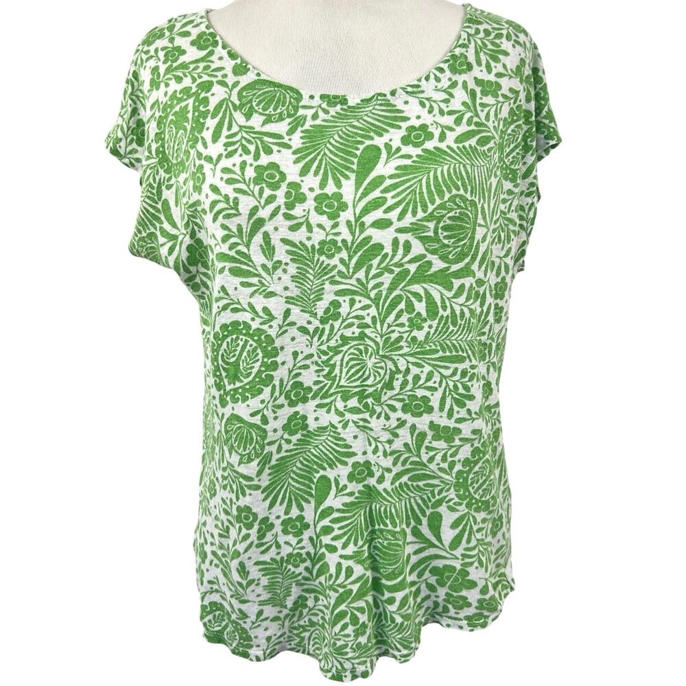 C&C California Green White Floral Linen T Shirt Top Womens L Botanical Boho